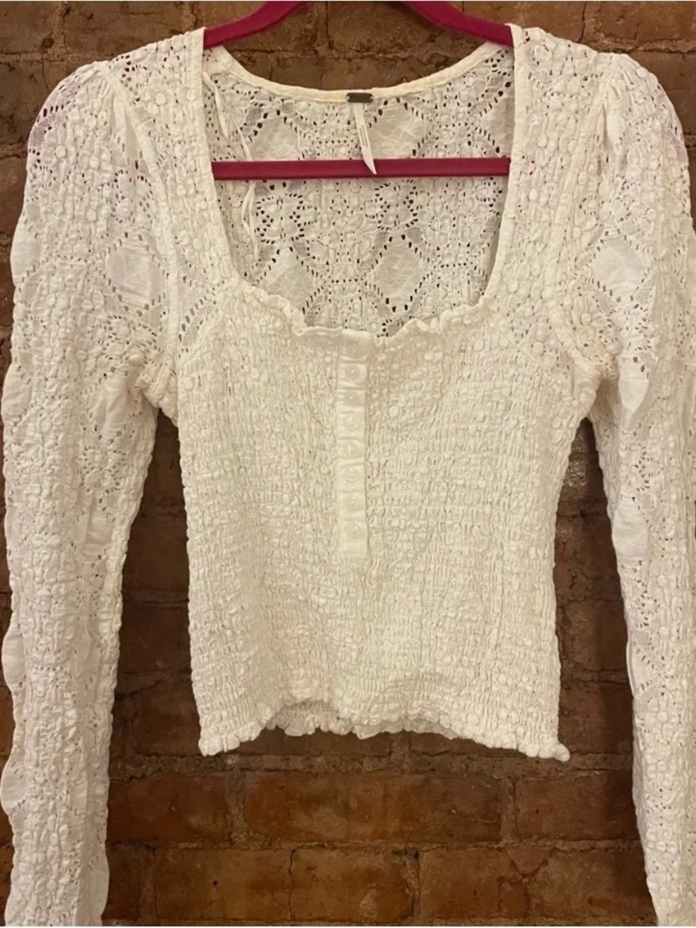 Off White/Cream Lace Crochet Long-Sleeve Women's Top